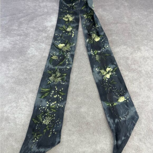 Christian Dior Mitzah Gray Floral Blue Silk Scarf Twilly - Picture 5 of 10